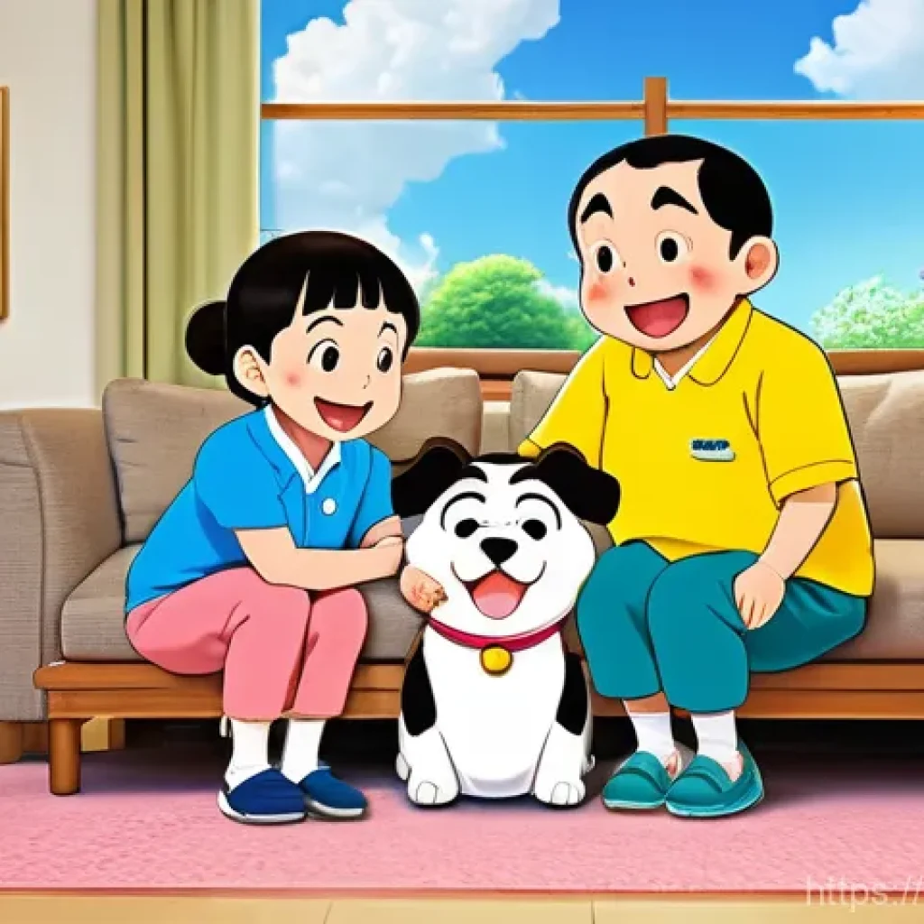 짱구 애니메이션의 제작사 역사 - A heartwarming and humorous scene depicting the Nohara family (Shin-chan, Hiroshi, Misae, Himawari i...