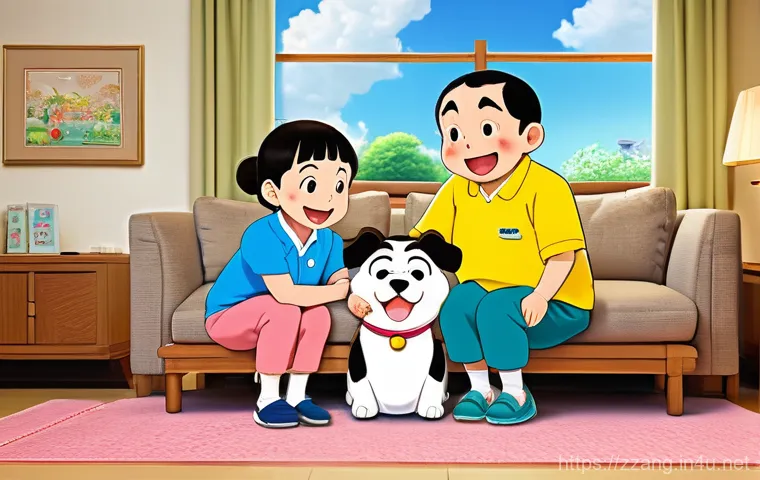 짱구 애니메이션의 제작사 역사 - A heartwarming and humorous scene depicting the Nohara family (Shin-chan, Hiroshi, Misae, Himawari i...