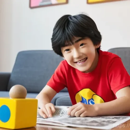 짱구의 인기 비결 - A vibrant, playful living room with Crayon Shin-chan, aged 5, with his iconic short black hair and t...