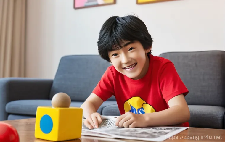 짱구의 인기 비결 - A vibrant, playful living room with Crayon Shin-chan, aged 5, with his iconic short black hair and t...